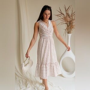 Millibon Retro Midi Dress | Neutral Coastal Boho Leaf Print Wrap Dress Small